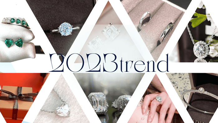 「2023trend」の文字とカラーストーンやリングの写真のコラージュ