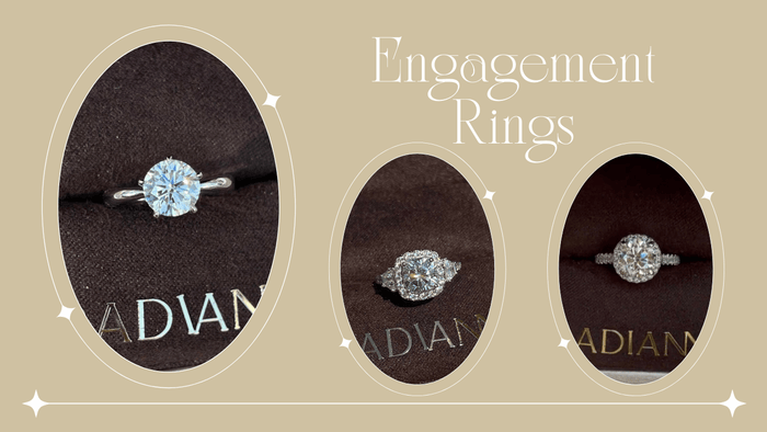 Engagement Ringsの文字とケースに入った婚約指輪3点