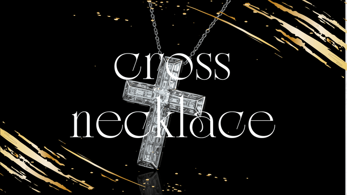 黒地に「cross necklace」の文字とバゲットカットのクロスペンダント