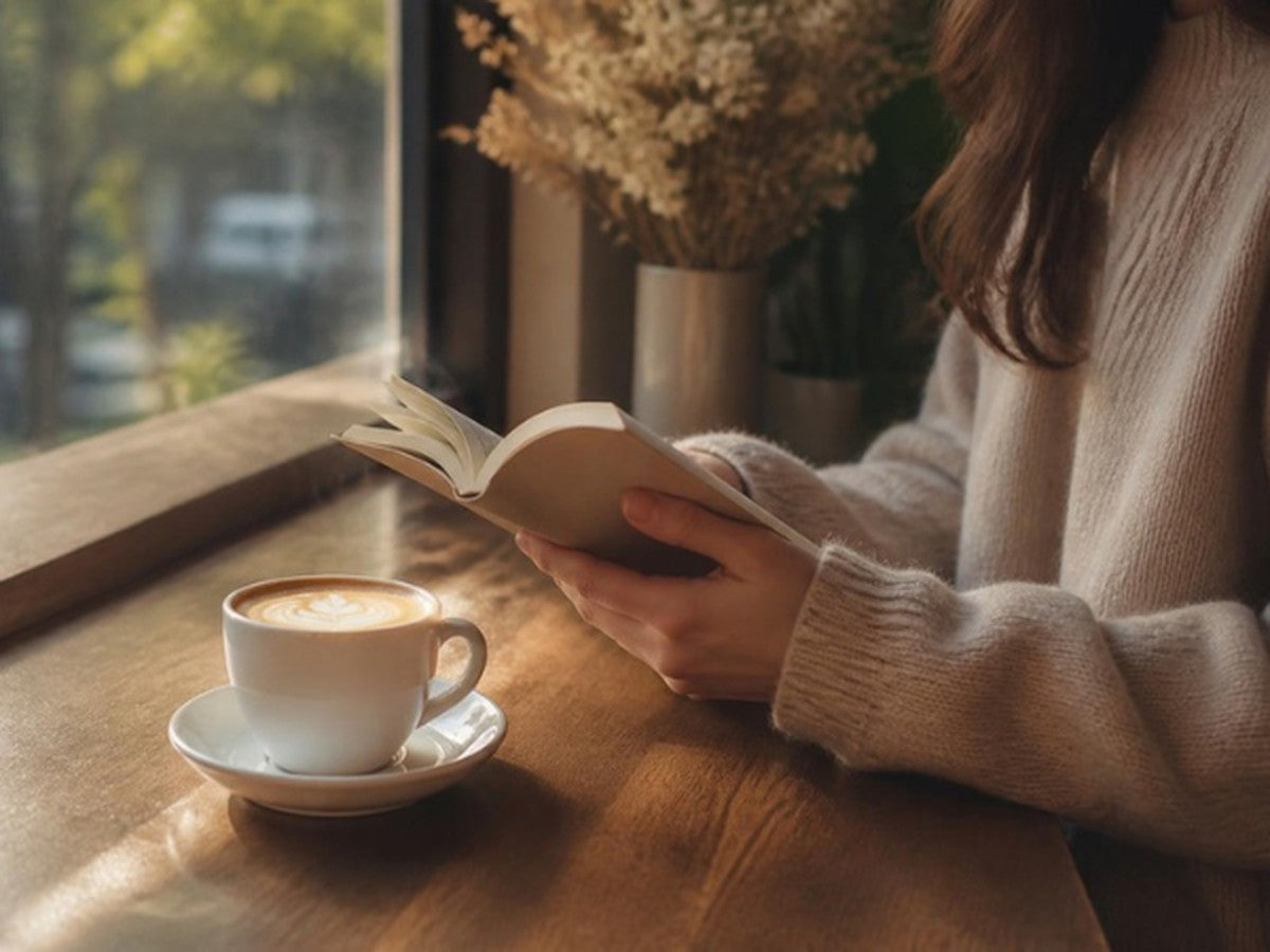 窓辺のカフェでコーヒーを片手に本を読む女性