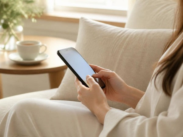 自宅のソファでスマートフォンを見ながらジュエリーを選ぶイメージ