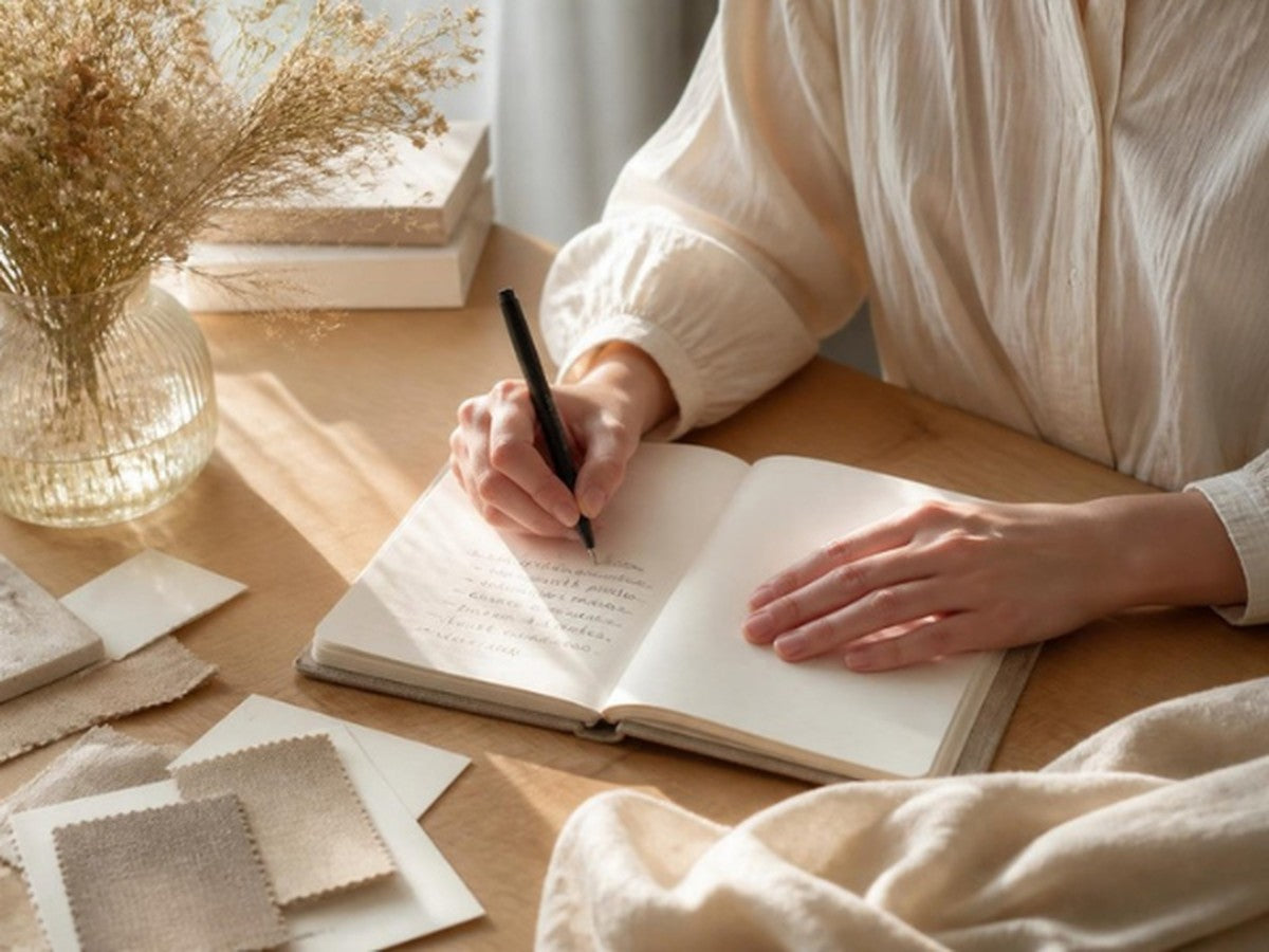 ノートにリングのイメージを書き出してオーダーの準備をする女性の手元